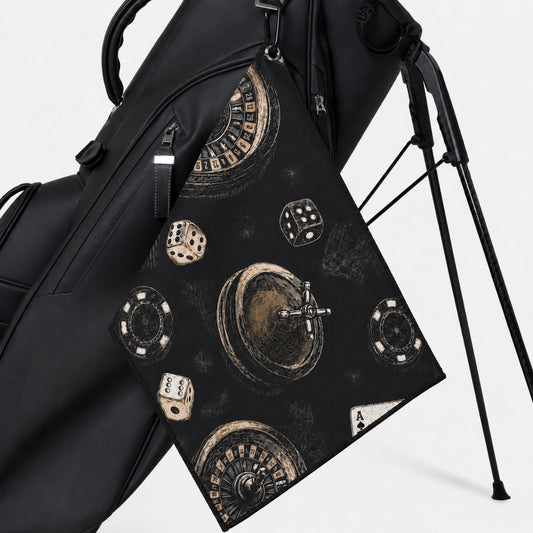 Black golf bag with decorative towel featuring dice and roulette design on a white background