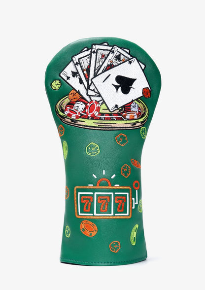 Green golf club head cover with poker-themed design on a white background