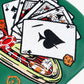 Embroidered golf headcover design of playing cards, poker chips, and aces on a green background