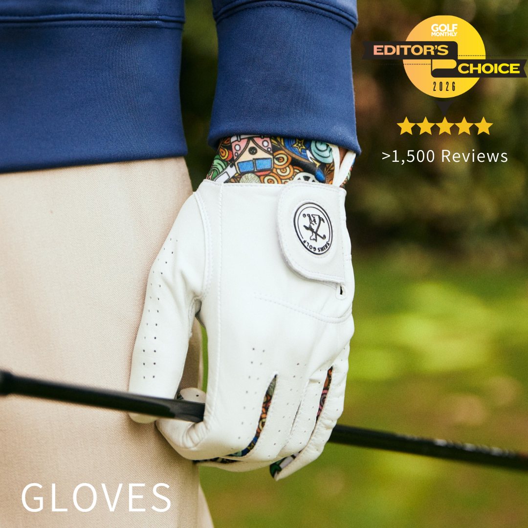 White golf glove held by a person wearing a blue shirt and colorful pants, with 'Editors' Choice' badge and review count.