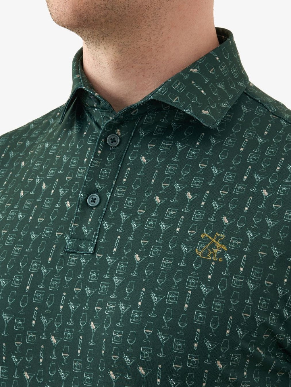 green golf polo with funky cocktail design