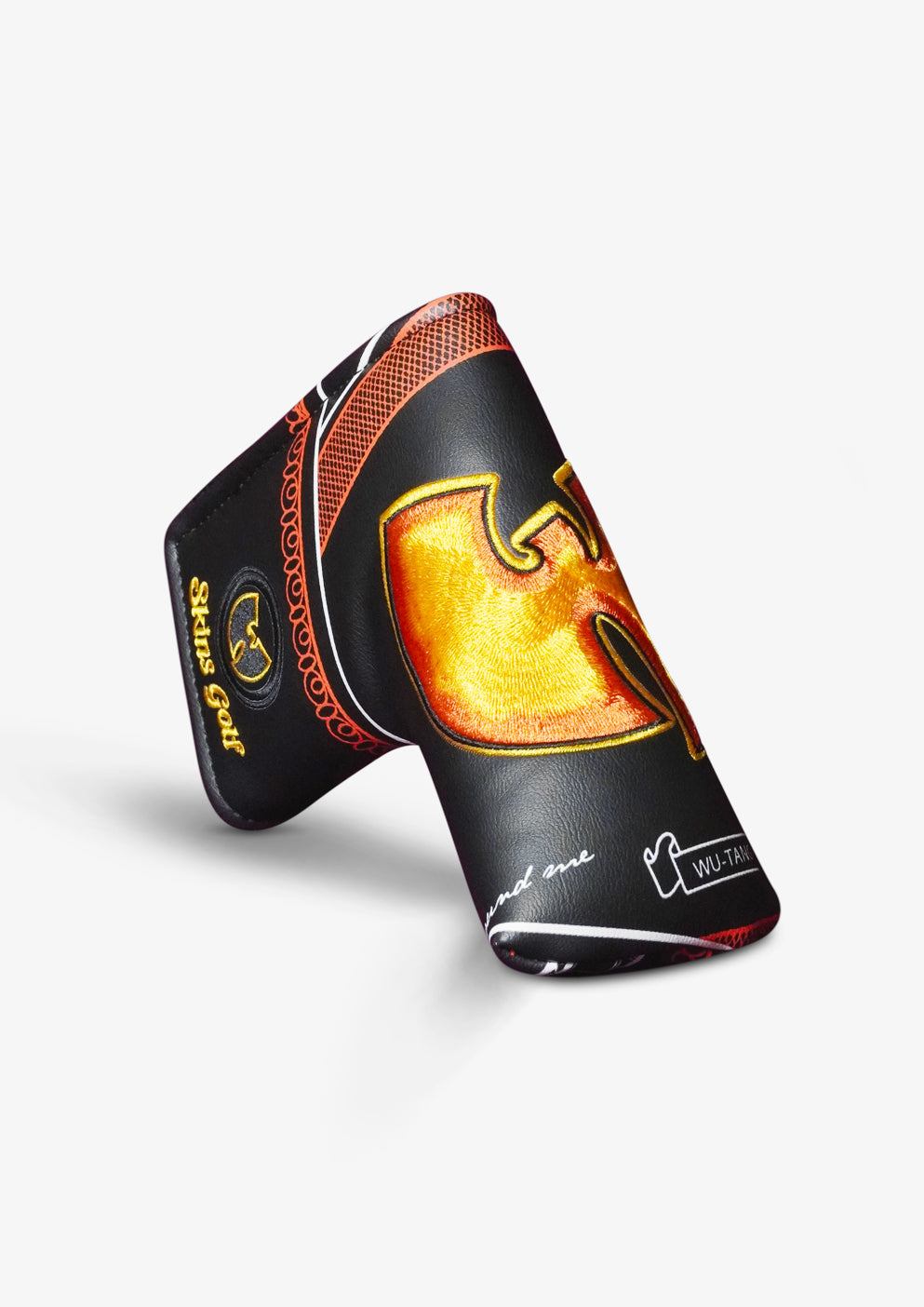 A black golf putter headcover featuring a large metallic gold and orange Wu-Tang Clan logo, with 'Wu-Tang Golf' branding on the side, set against a clean white background.