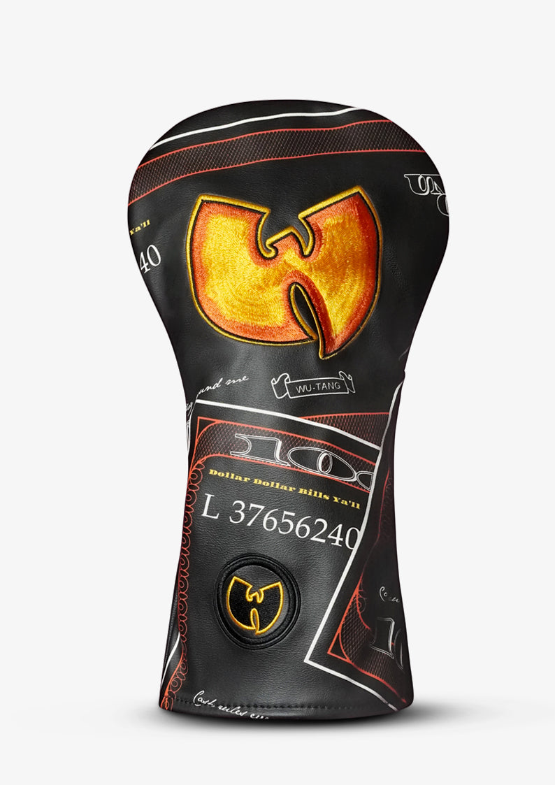 A custom golf club headcover in black with a prominent gold and orange Wu-Tang Clan logo, white technical markings, and red stitched details, shown on a light gray background.