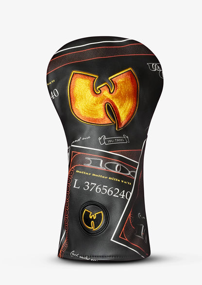 A custom golf club headcover in black with a prominent gold and orange Wu-Tang Clan logo, white technical markings, and red stitched details, shown on a light gray background.