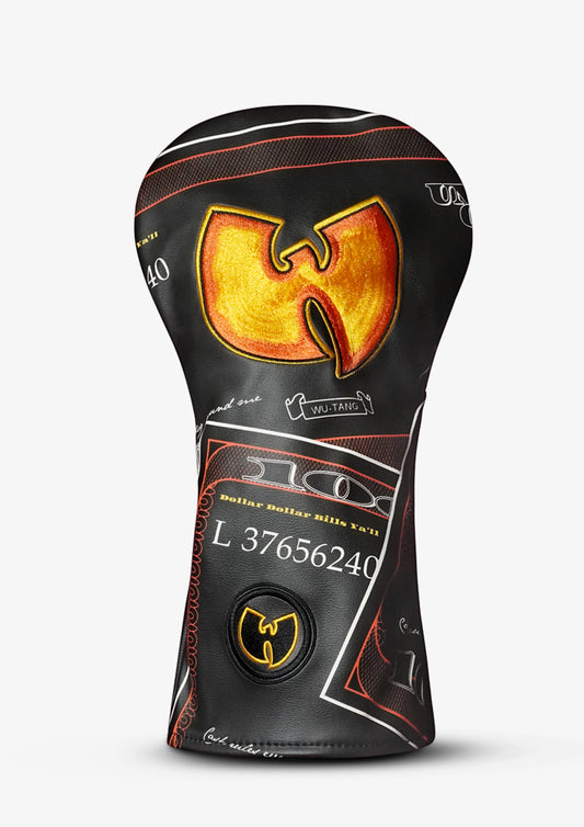 A custom golf club headcover in black with a prominent gold and orange Wu-Tang Clan logo, white technical markings, and red stitched details, shown on a light gray background.