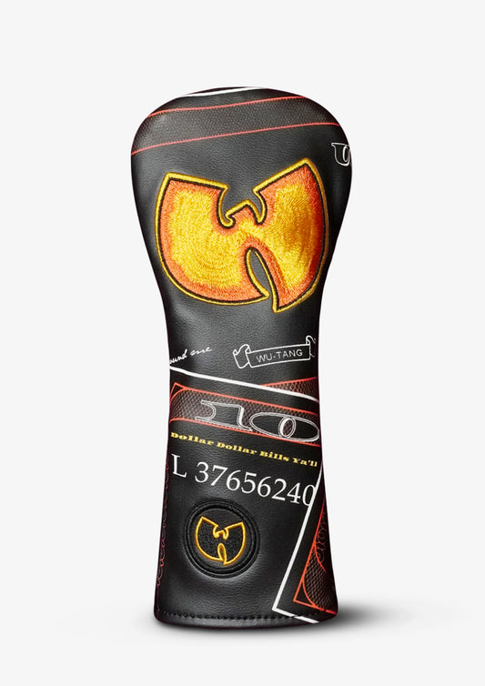 A black golf club headcover featuring a large gold and orange Wu-Tang Clan logo, with additional white and orange text details, shown on a light gray background.