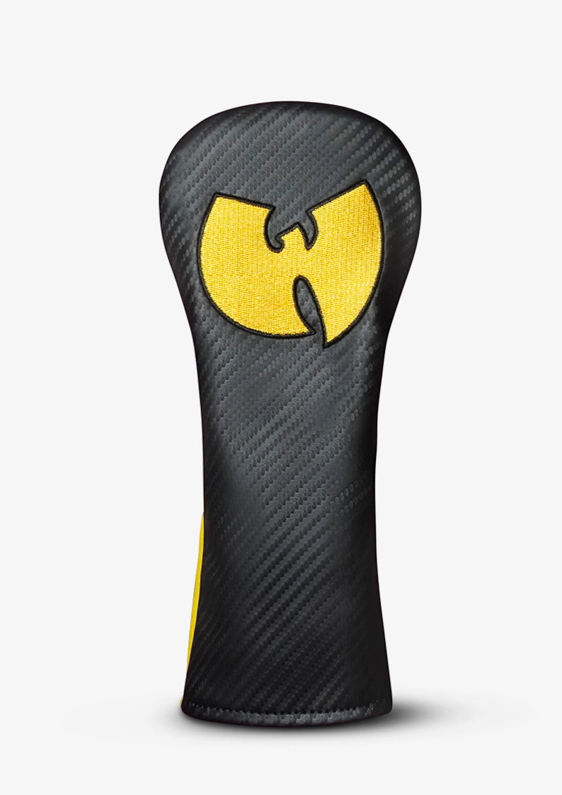 A black carbon-fiber-textured golf club headcover featuring a large yellow Wu-Tang Clan logo on the front, shown against a plain light gray background.