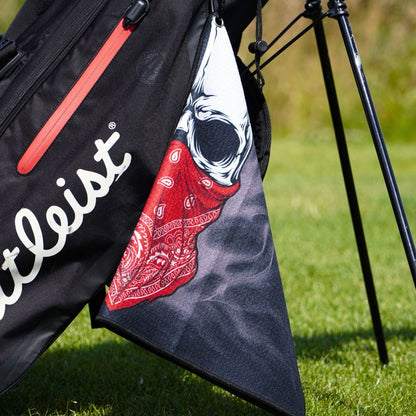 black golf towel with white skull