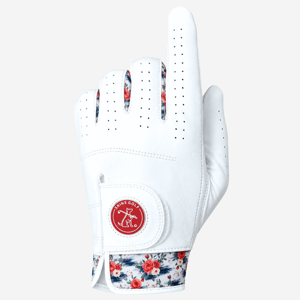 A white golf glove with a red and blue floral pattern on the wrist and finger cuffs, featuring a red circular logo patch on the back of the hand, shown against a light gray background.