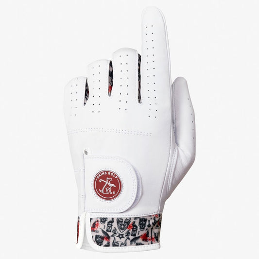 White golf glove with floral pattern on the back, brand logo visible, on a white background