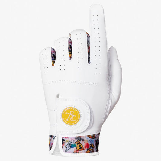 White golf glove with colorful accents on a white background