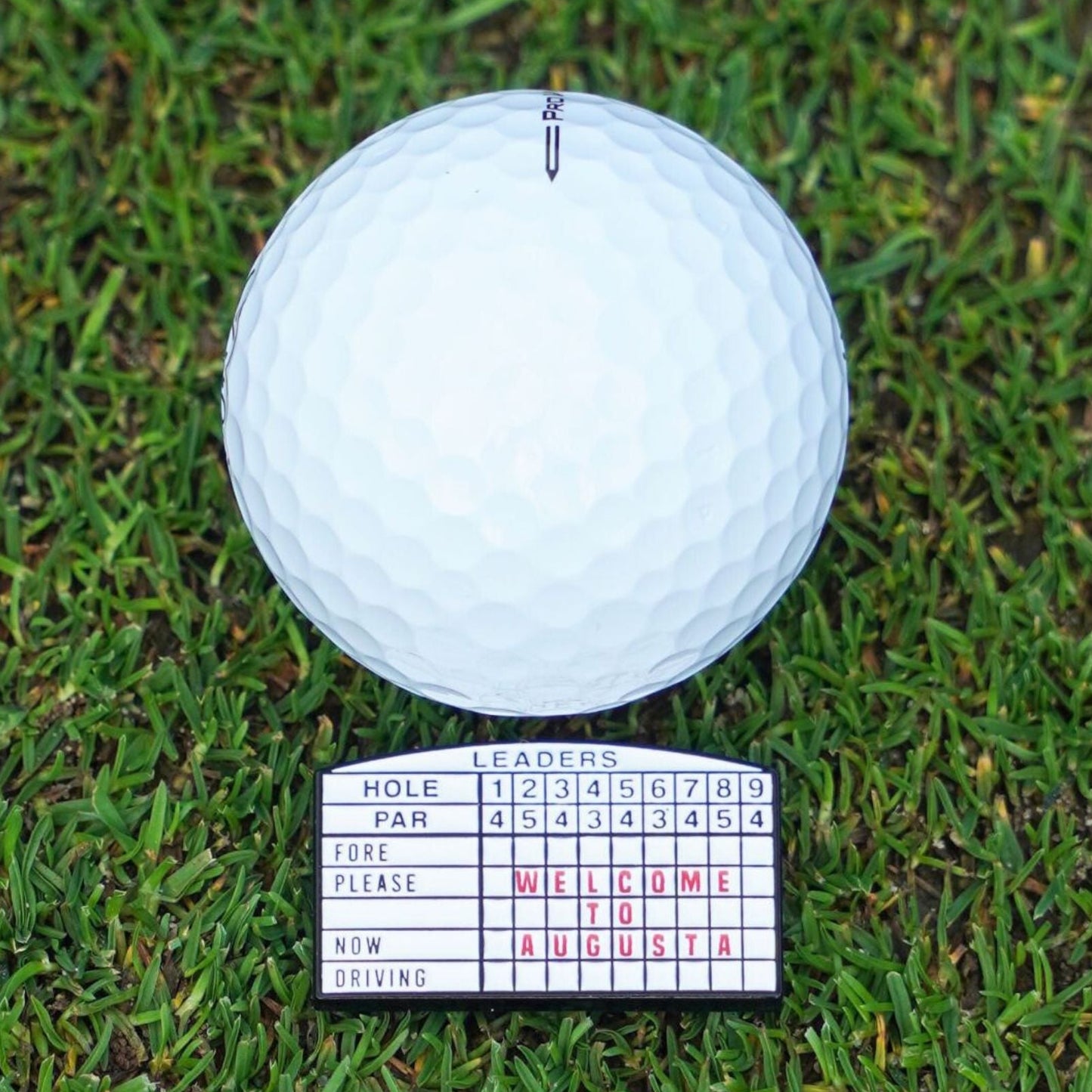 Golf ball marker on grass with a scorecard on the ground