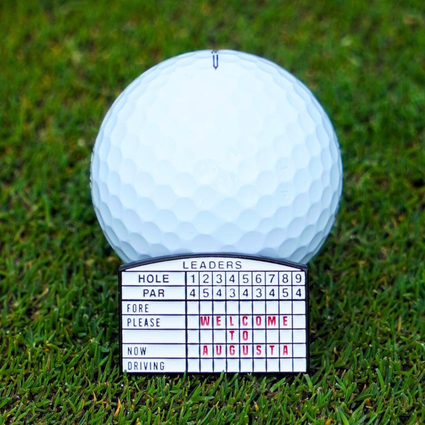 Golf ball marker with a scorecard on grass