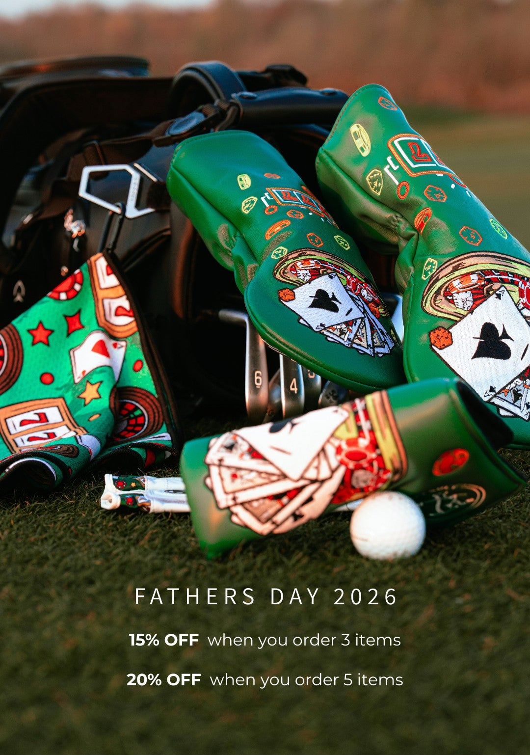Green golf shoes with card design on a grassy background, featuring a Father's Day 2026 promotion.