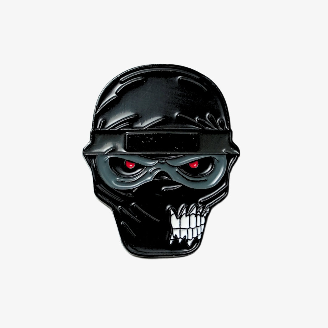 Black ninja ball marker with red eyes and a black visor on a white background