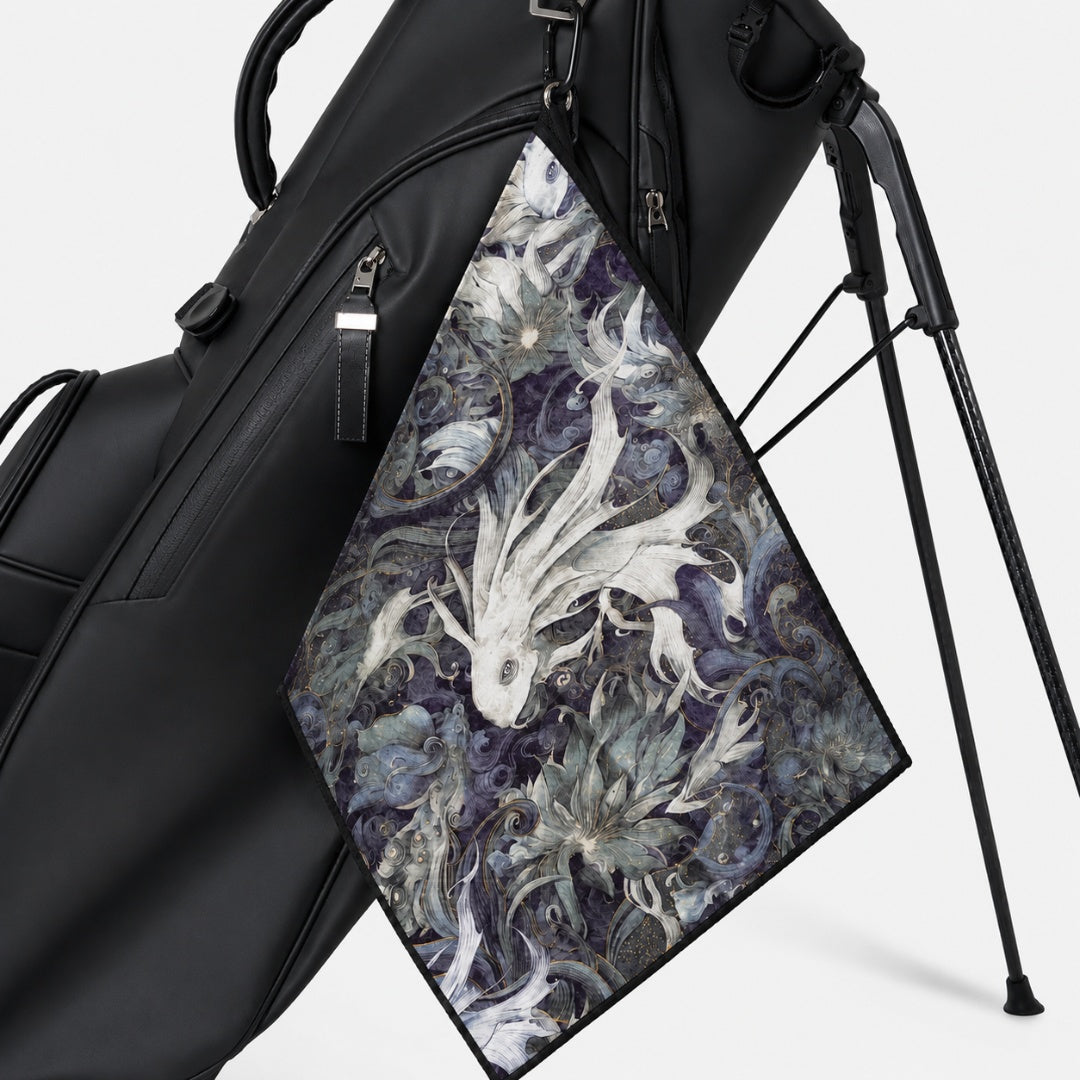 Golf bag with a decorative golf towel featuring floral patterns on a white background