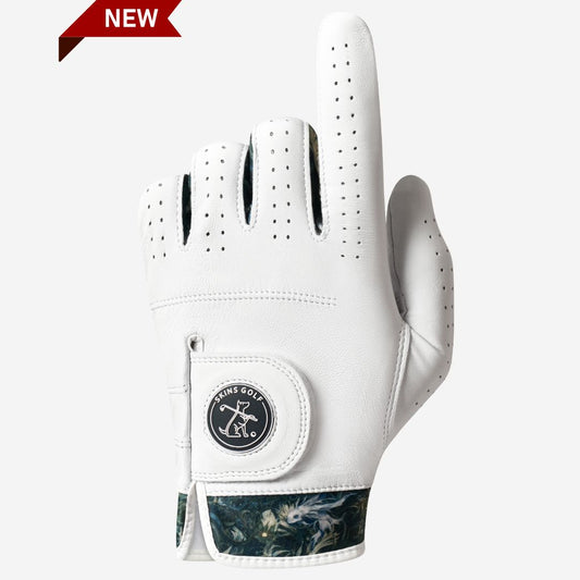 White golf glove with sea design on the wrist, brand logo visible, on a white background