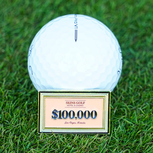 Golf ball marker with a $100,000 skins golf design on grass