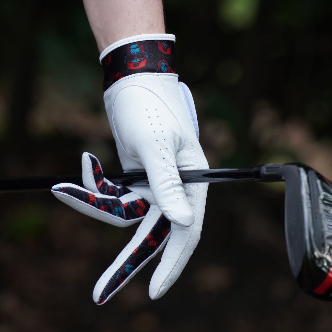 Close up of leather golf glove with gorilla design