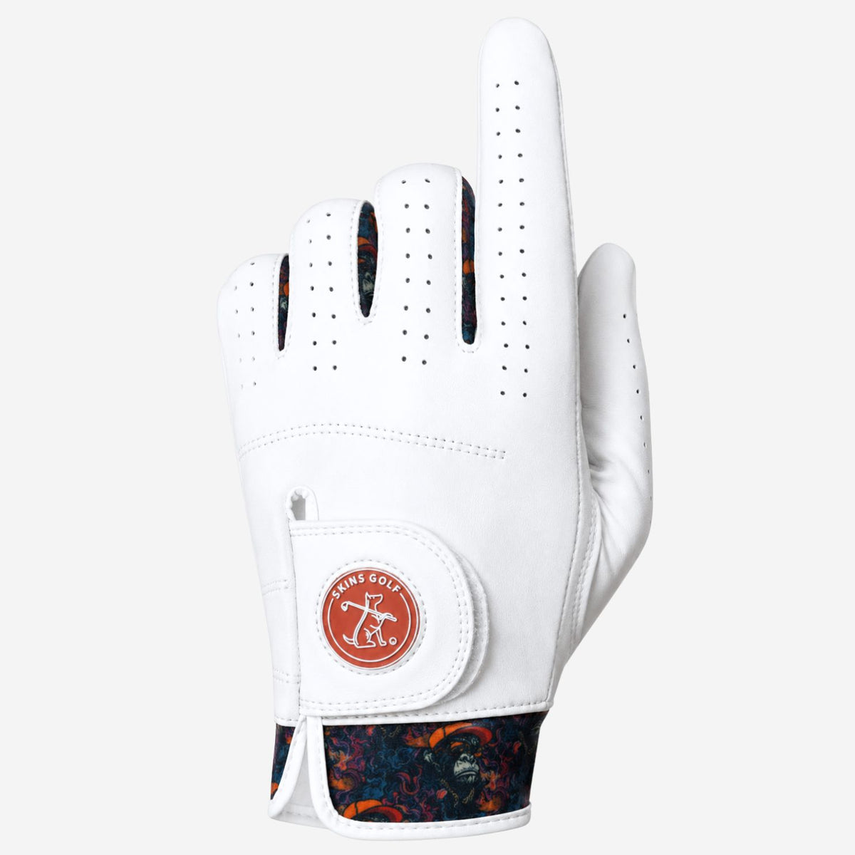 A white golf glove with a red and black patterned cuff, featuring a circular red and white 'Golf Co.' logo patch on the back of the wrist, shown against a light gray background.
