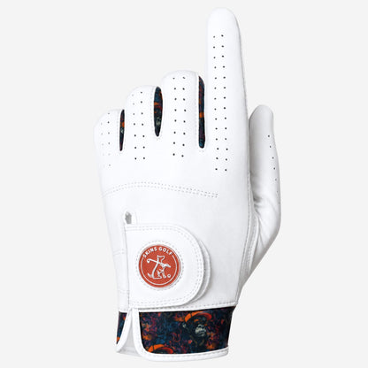 A white golf glove with a red and black patterned cuff, featuring a circular red and white 'Golf Co.' logo patch on the back of the wrist, shown against a light gray background.