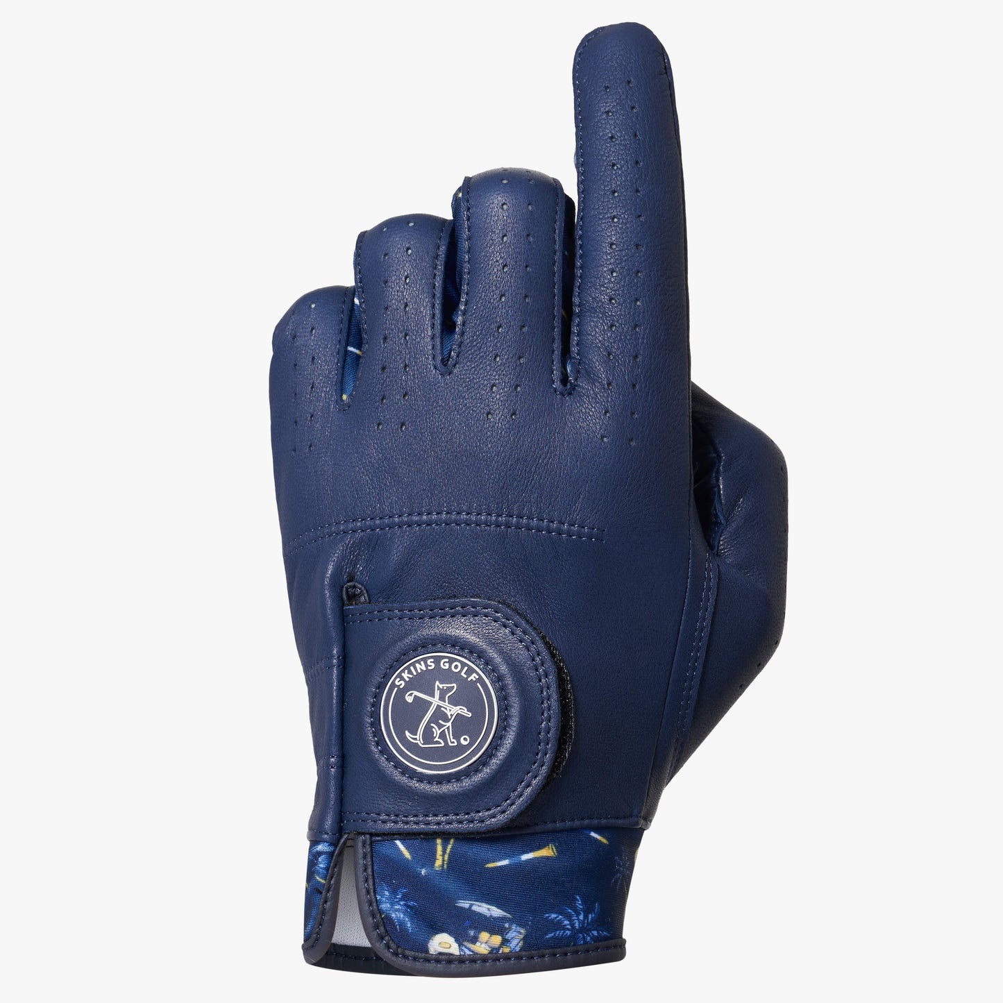 Navy blue golf glove with a brand logo on a white background