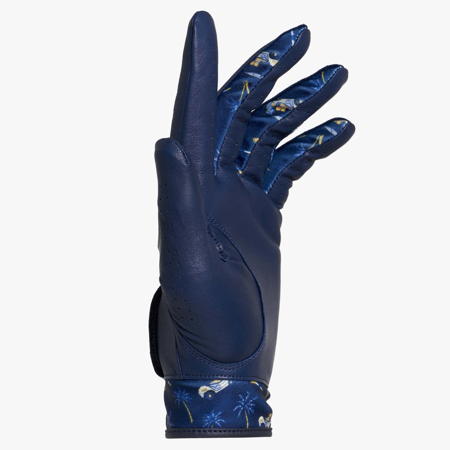 Navy blue golf glove with beach pattern on a white background