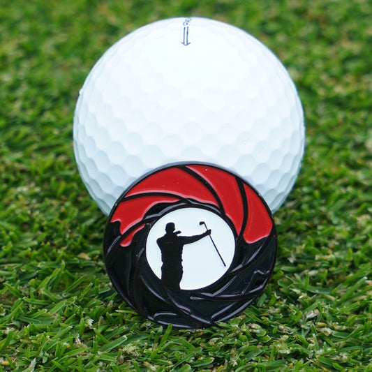 Cool golf ball marker with golfer twirling club