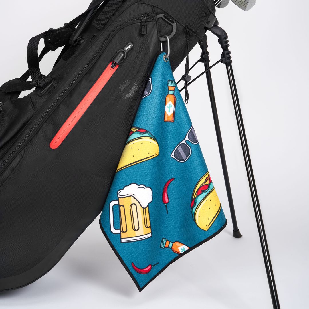 Cool golf towel with taco design on a golf bag