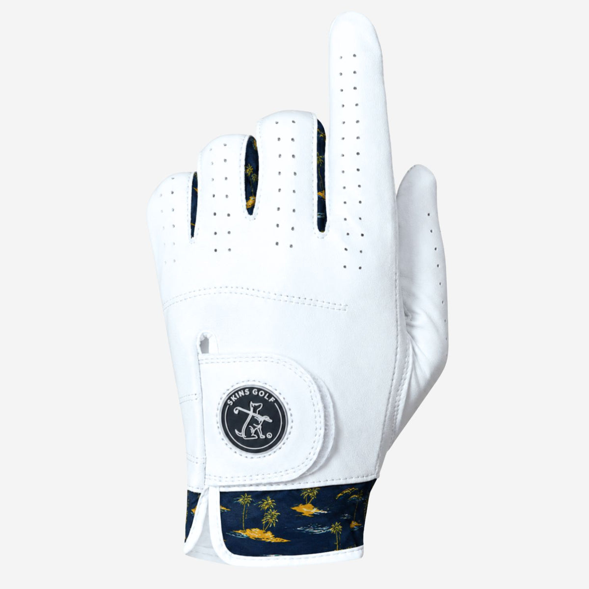 A white golf glove with a navy blue patterned cuff and a circular black and white logo patch on the back of the hand, shown against a light gray background.