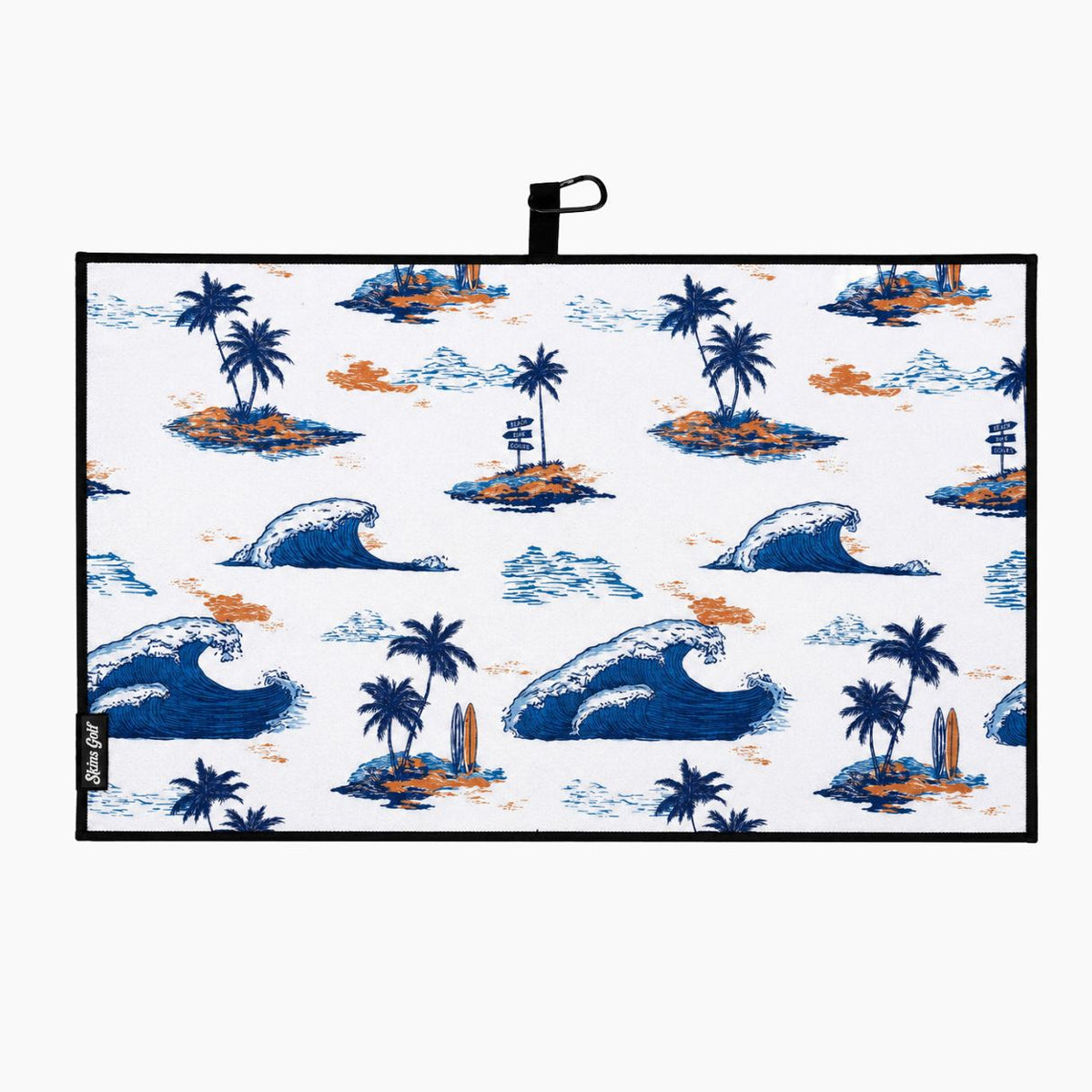 A rectangular beach towel with a black border and a black hanging loop, featuring a repeating pattern of blue ocean waves, palm trees on small islands, and orange surfboards on a white background.