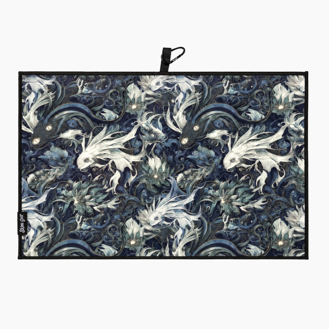 Decorative golf towel with fish pattern on a white background