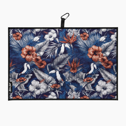 Floral patterned towel with a black clip on a white background