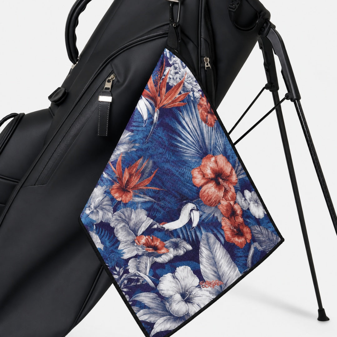Floral towel with blue background on a golf bag stand