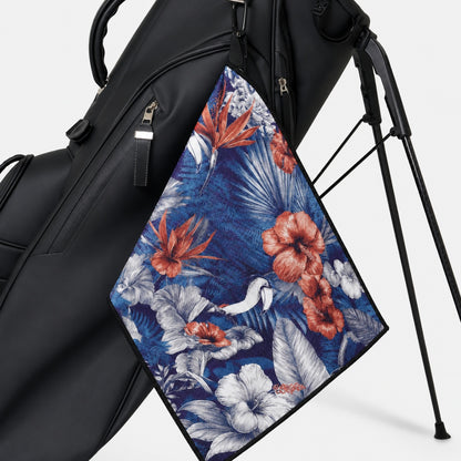 Floral towel with blue background on a golf bag stand