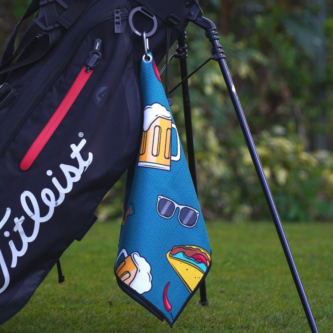 Funky Golf Towel with Beer & Taco design 