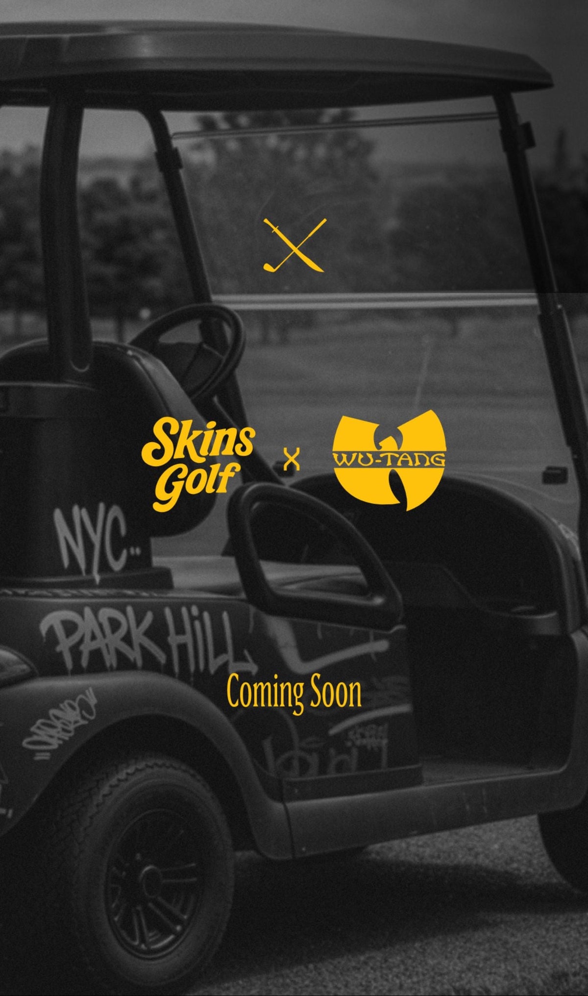 A black golf cart with yellow 'Skins Golf' and 'Wu-Tang' logos, set against a blurred outdoor background. The image features a 'Coming Soon' overlay and a crossed-out 'NYC' graphic.
