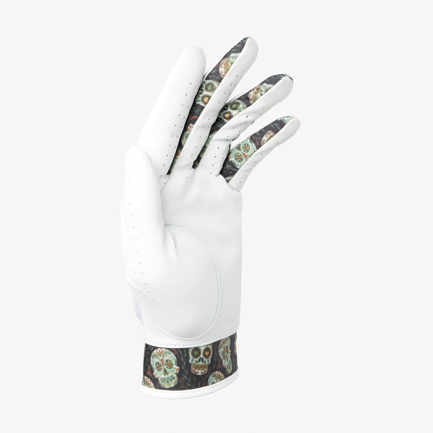 White leather golf glove with cool design