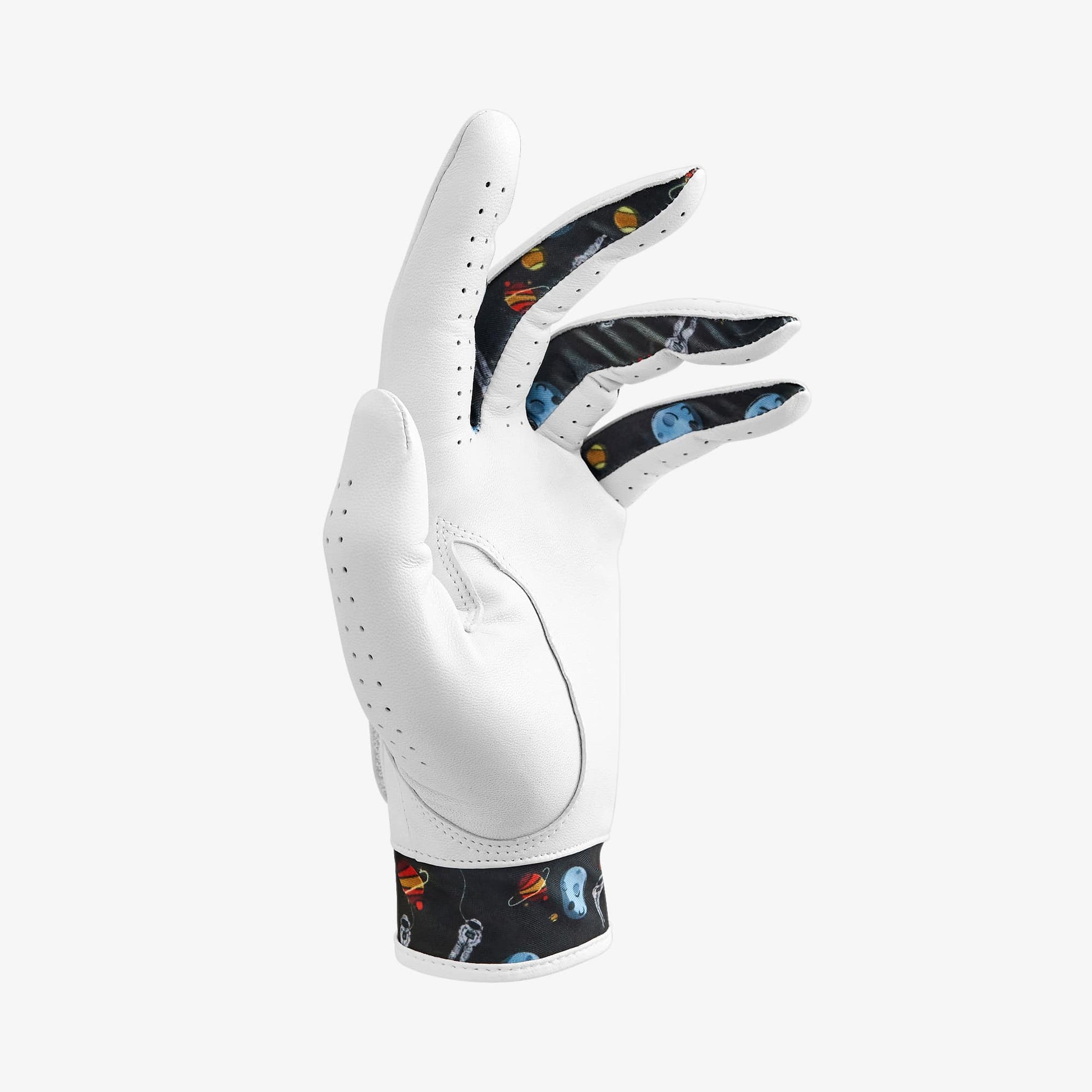 White leather golf glove with moon design