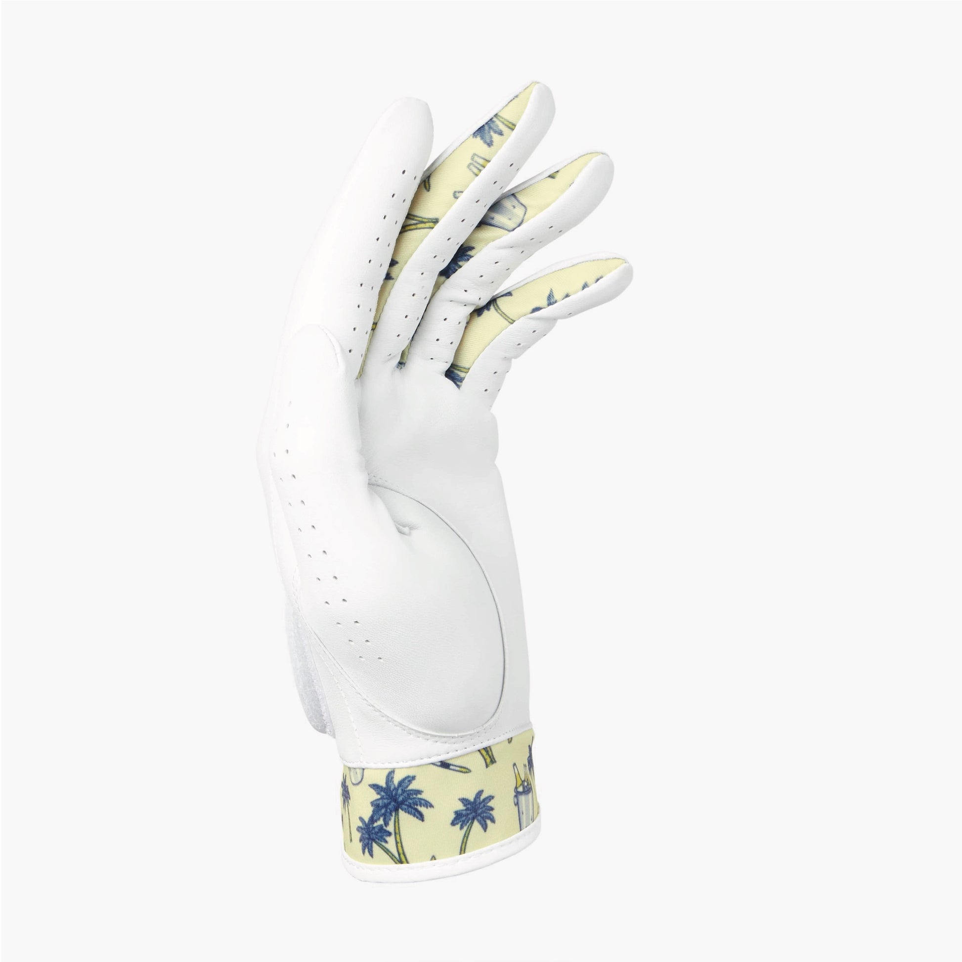 Cabretta leather golf glove with palm tree design